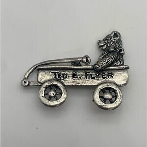 Vintage Handmade One Of A Kind Ted E. Flyer Brooch Teddy Bear In Wagon Signed